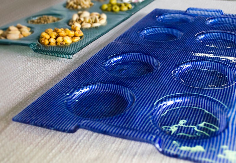 Bandejas de aperitivos en color azul y aguamarina